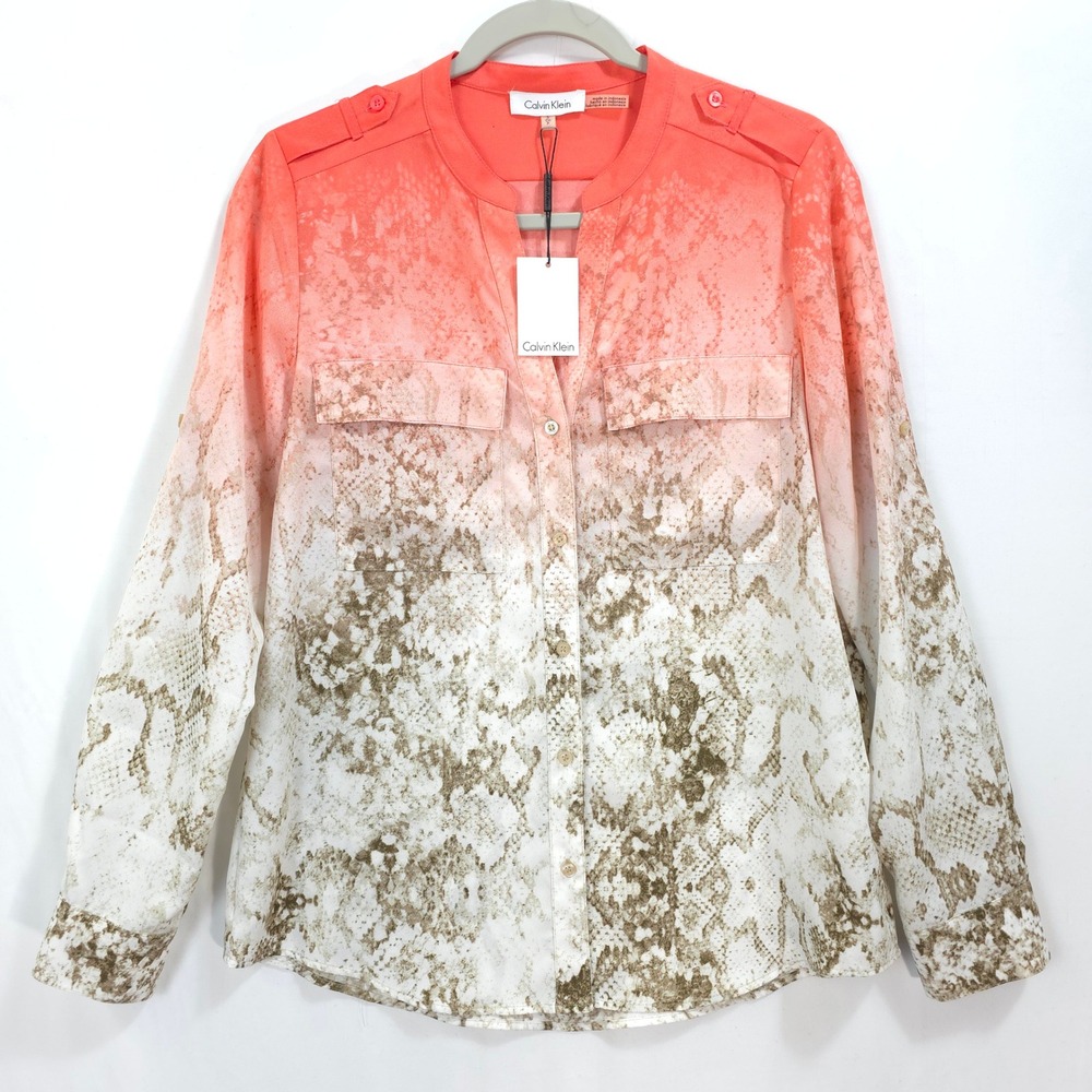 Calvin Klein Button Down Ombre Snakeskin Women S‎ Coral Professional Chic Office